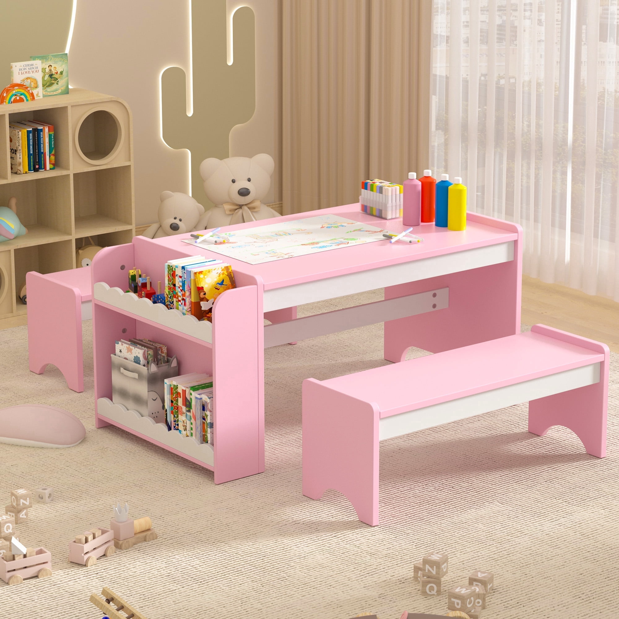 Reasea Wooden Kids Table and Chair Set, Montessori Activity Table with Storage, Toddler Craft Desk